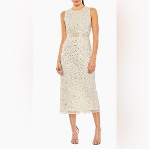 NWT Mac Duggal Geometric Nude Silver Embellished Cocktail Midi Dress Size 4
